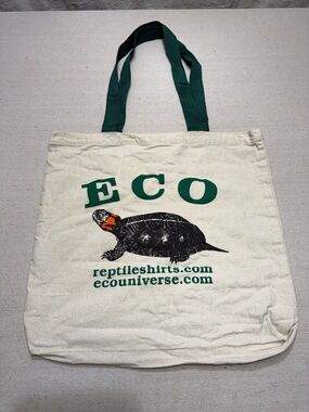 ECO Canvas Tote Bag with Turtle Graphic - Green Handles